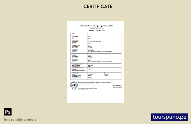 Plantilla de certificado de nacimiento del territorio de Jervis Bay de Australia